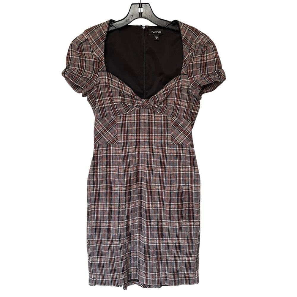 Vintage Bebe Tartan Plaid Fitted Dress w Sweetheart Neckline and Ruffles size 10